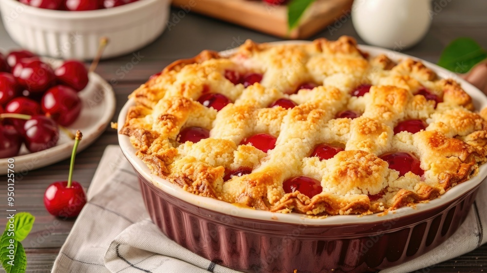 Delectable Cherry Cobbler with Golden Crunchy Crust Homemade Rustic Dessert Served in Baking Dish Fresh from the Oven with Inviting Aroma and Tempting Appearance Delectable Cherry Cobbler with Golden Crunchy Crust Homemade Rustic Dessert Served in Baking Dish Fresh from the Oven with Inviting Aroma and Tempting Appearance