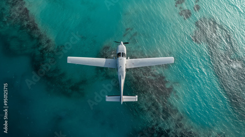 A small private plane is flying over the ocean shore. A single-engine plane flies low over the sea coast.