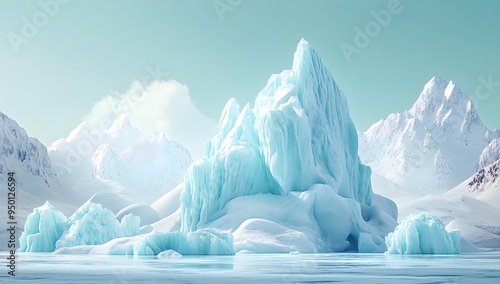 A large iceberg stands tall in a field of icebergs, with snow-capped mountains in the background. The ice is a beautiful, bright blue, and the sky is a clear blue.