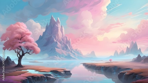 Surrealism and artistic concept painting of a stunning fantasy landscape. Background illustration, a design that is soft and ethereal.