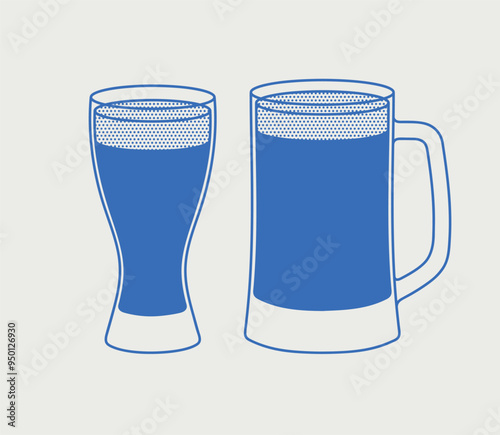 Glass and mug with beer. Line art, retro. Vector illustration for bars, cafes, and restaurants.