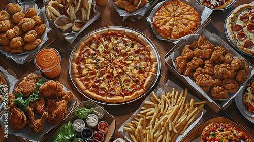 Feast on a large table of takeout favorites including pizza, fries, and fried chicken, photo