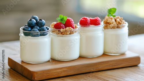 Organic yogurt jars with fruit toppings, arranged on a wooden board