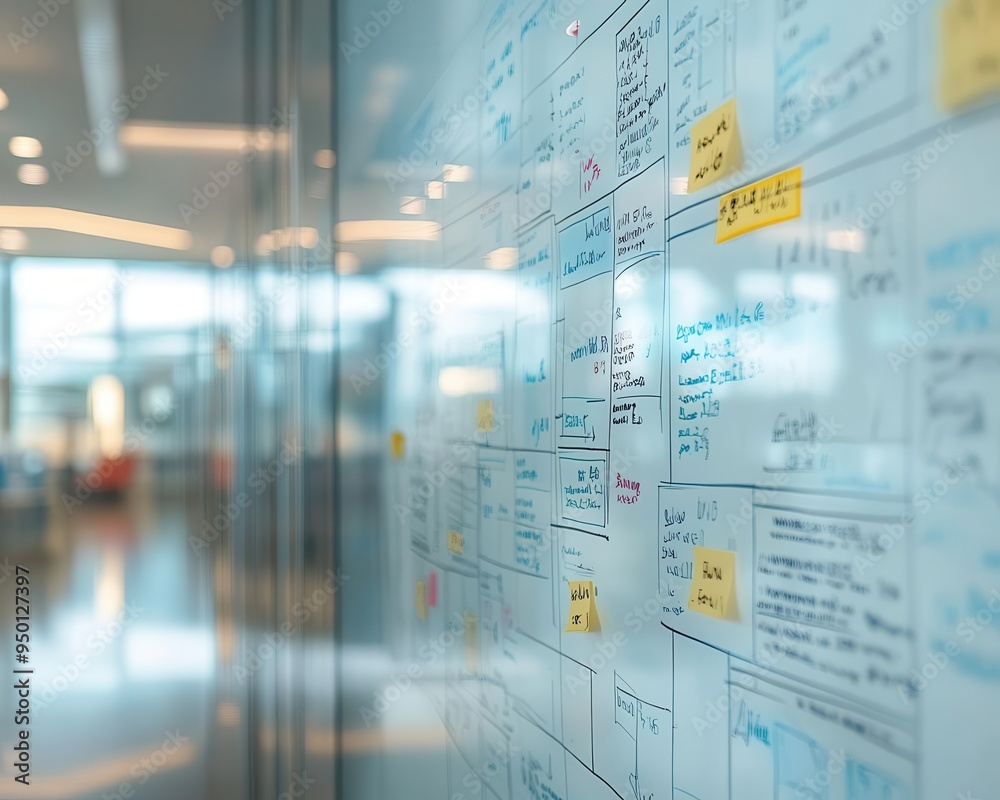 Whiteboard with a magnetic surface, covered in handwritten notes, modern style, close-up, sharp focus, bright lighting Whiteboard with a magnetic surface, covered in handwritten notes, modern style, close-up, sharp focus, bright lighting