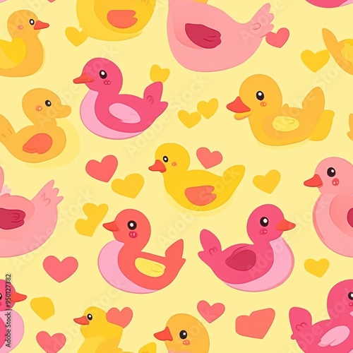 A colorful pattern featuring various cartoon ducks and hearts on a yellow background.