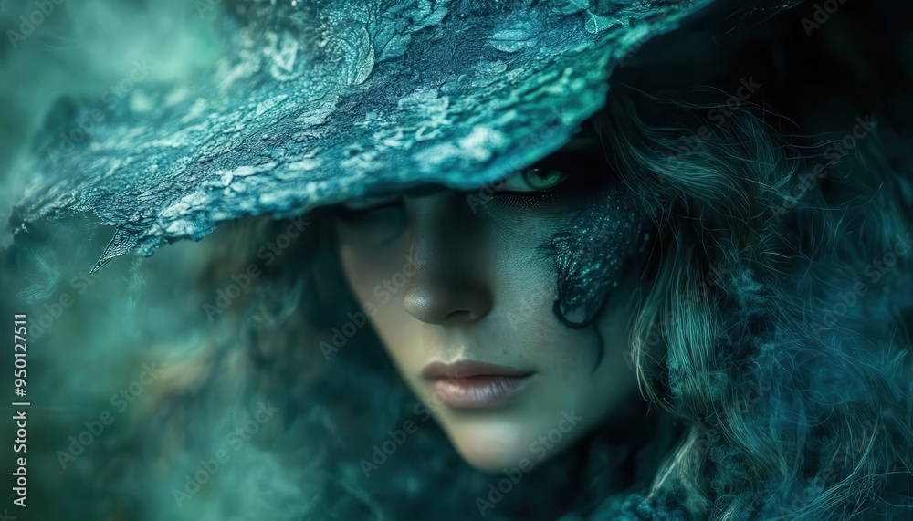 Witch costume with a pointed hat, displayed on a mannequin, mystical style, close-up, soft lighting, high detail