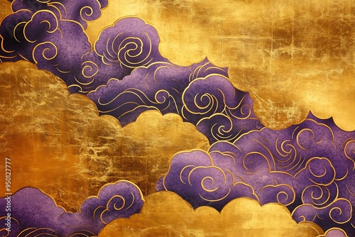 Serene Beauty of Ukiyo-e Inspired Gold Leaf Wall Art with Flowing Clouds and Wind Patterns in Purple and Gold Tones