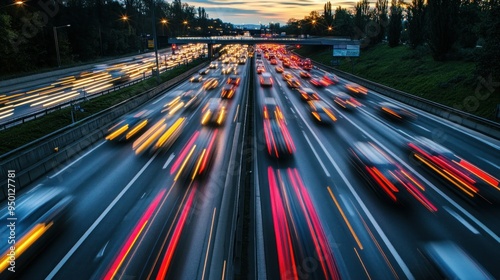 Blurry Lights of Cars Driving on a Multi-Lane Highway at Dusk