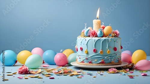 birthday party balloons with confetti and cake on light blue background.