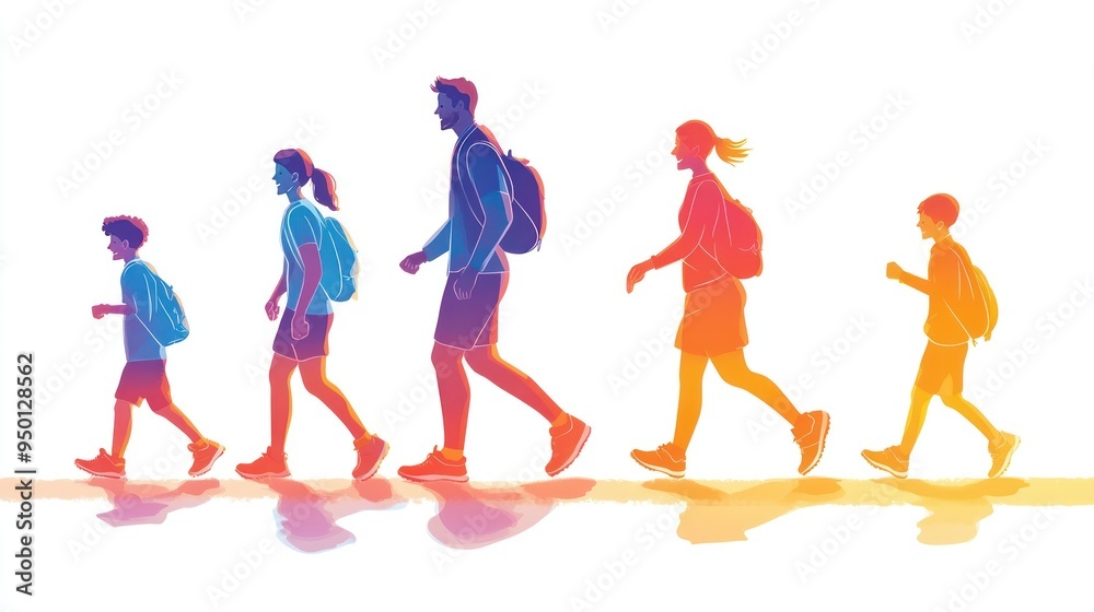 Obraz premium A colorful illustration of people walking in a line, representing movement and progression.