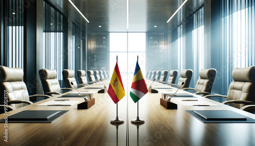 A modern conference room with Spain and Seychelles flags on a long table, symbolizing a bilateral meeting or diplomatic discussions between the two nations. photo