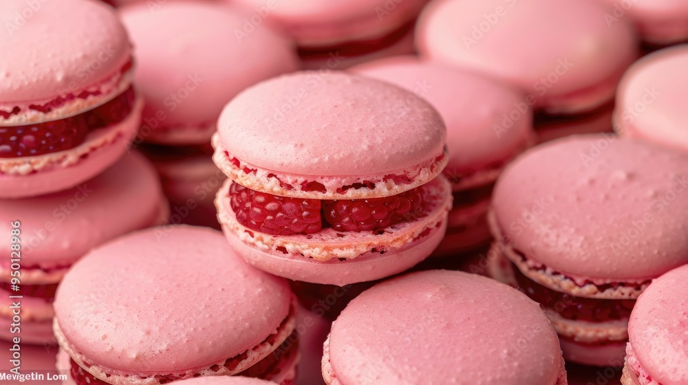 Vibrant raspberry macarons delicately stacked and arranged in a visually appealing display showcasing the and craftsmanship of these gourmet French confections Vibrant raspberry macarons delicately stacked and arranged in a visually appealing display showcasing the and craftsmanship of these gourmet French confections