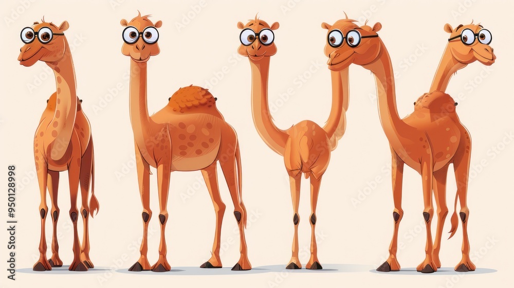 Naklejka premium A group of cartoon camels with glasses displaying various poses and expressions.