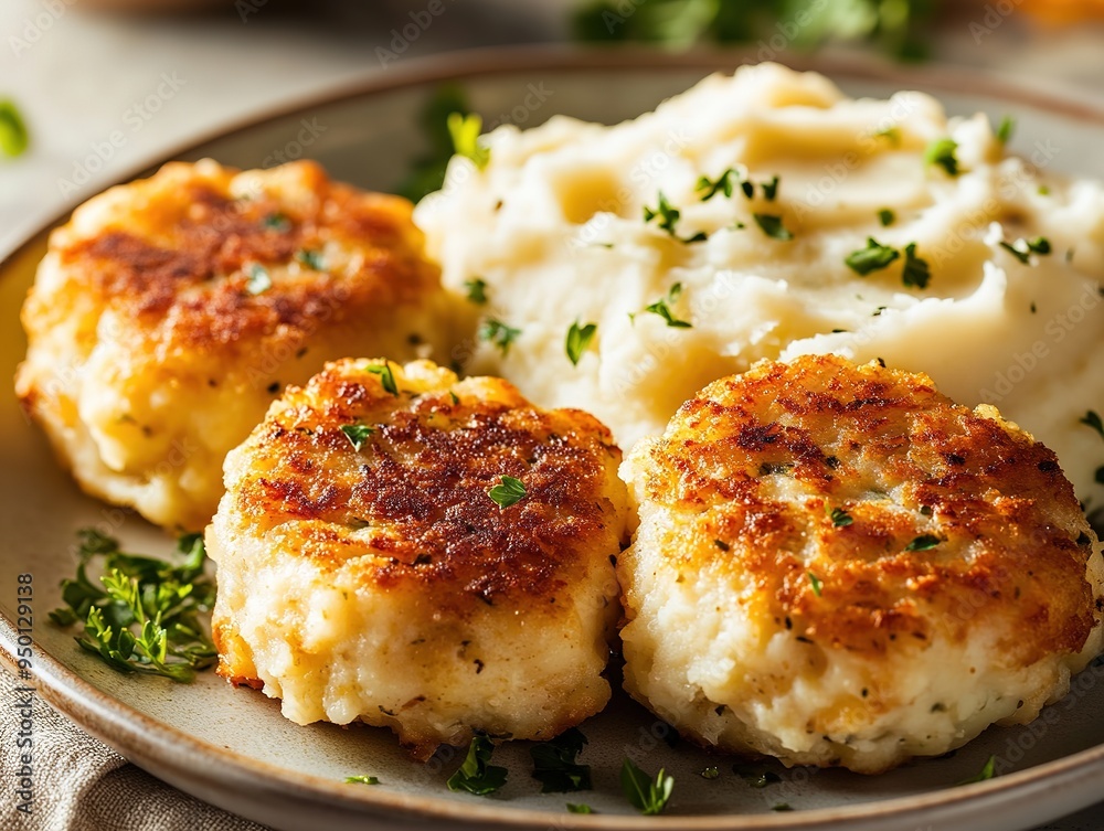 Golden-Brown Crispy Fish Cakes with Creamy Mashed Potatoes, Served on Elegant Plate in a Warm Kitchen with Natural Light. Delectable Seafood and Comfort Food Fusion
