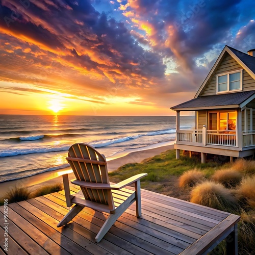 A deck with a hammock and a view of the ocean photo