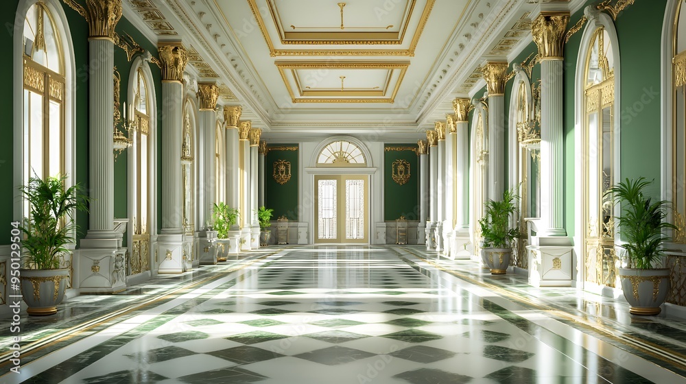 Fototapeta premium Luxurious hallway with green walls, white columns, and a checkered floor.