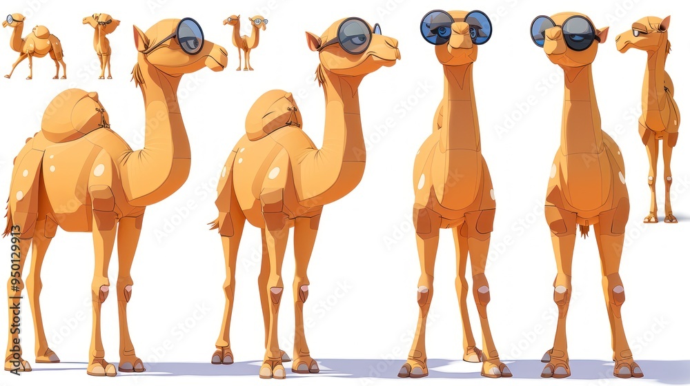 Naklejka premium A group of cartoon camels wearing sunglasses in various poses.