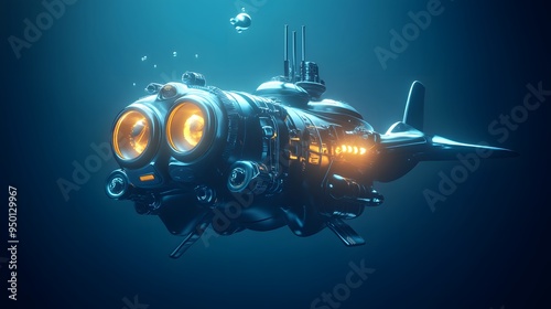 Wallpaper Mural A futuristic submarine with glowing lights and intricate details, suspended in a deep blue ocean. Torontodigital.ca