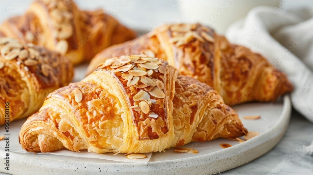 Freshly baked golden almond croissants with layers of flaky buttery pastry and a rich tempting depth of field A classic French breakfast or snack item perfect for a cozy morning or elegant brunch Freshly baked golden almond croissants with layers of flaky buttery pastry and a rich tempting depth of field A classic French breakfast or snack item perfect for a cozy morning or elegant brunch