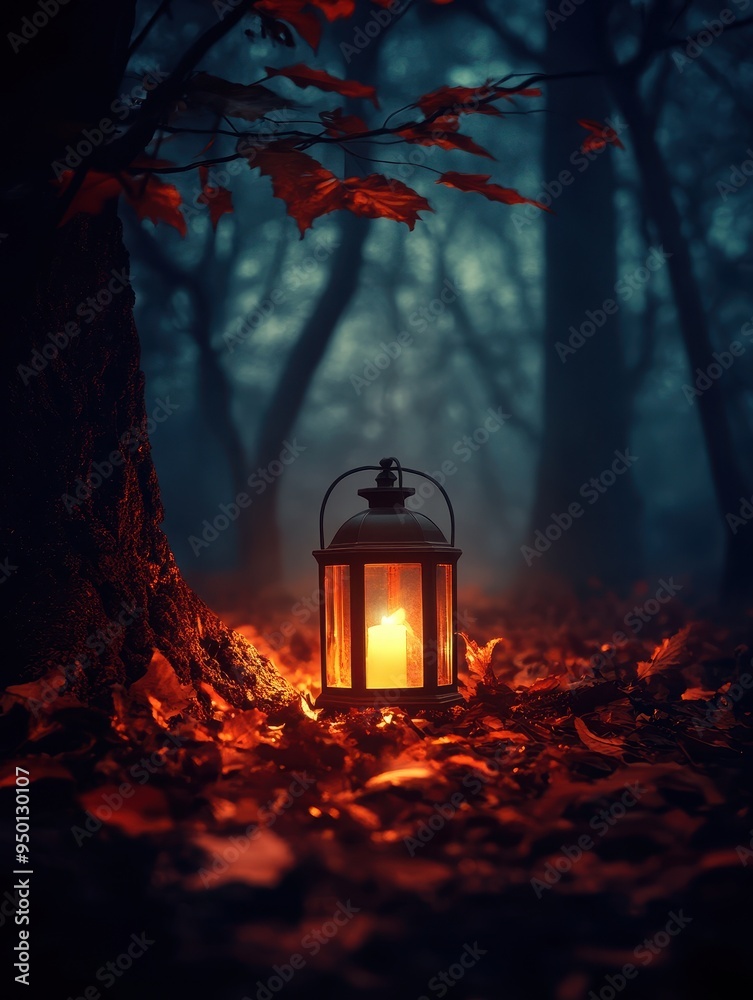 Golden Lit Lantern in a Dark Autumn Forest, Ideal for Halloween Themed Backgrounds and Spooky Designs Golden Lit Lantern in a Dark Autumn Forest, Ideal for Halloween Themed Backgrounds and Spooky Designs