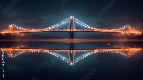 Illuminated suspension bridge reflecting on calm water