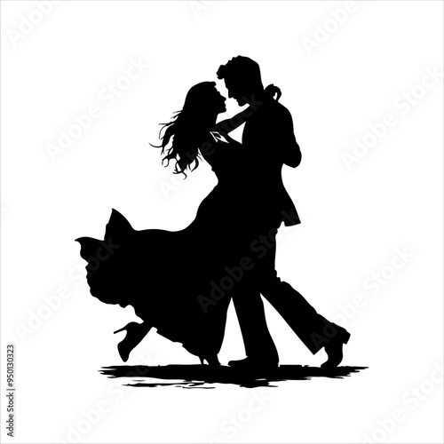 Dynamic Silhouette of a Couple Dancing the Tango - Black Silhouette in a Striking Pose on a Crisp White Background - Elegant and Passionate Dance Illustration