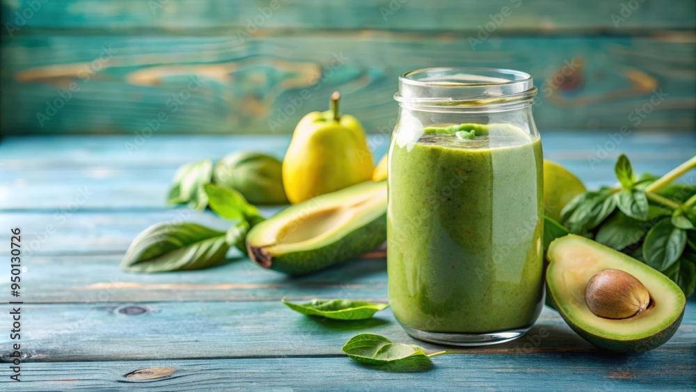 Green smoothie made with avocado, bananas, and spinach on a light blue table , healthy, drink, organic, fresh Green smoothie made with avocado, bananas, and spinach on a light blue table , healthy, drink, organic, fresh
