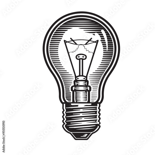 Hand-Drawn Lightbulb Vector Illustration in Black and White Woodcut Engraving Style