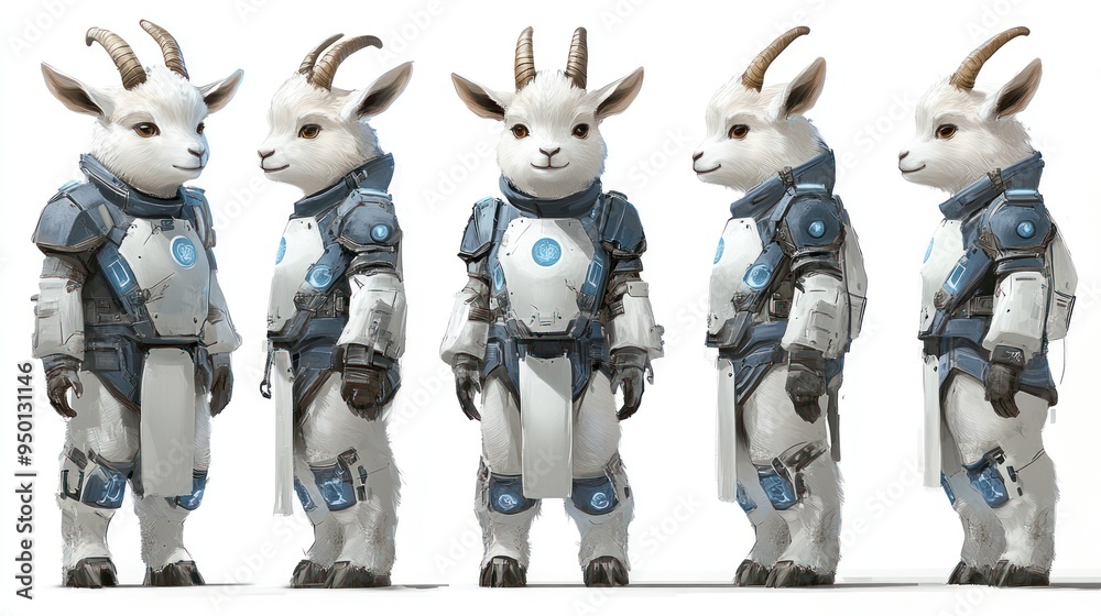 A stylized character design of a goat in a futuristic suit, showcasing different angles. A stylized character design of a goat in a futuristic suit, showcasing different angles.