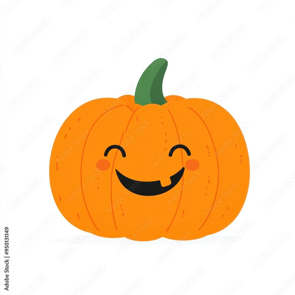 Obraz premium A pumpkin with a simple smile, minimal vector illustration, orange and green, isolated on white background