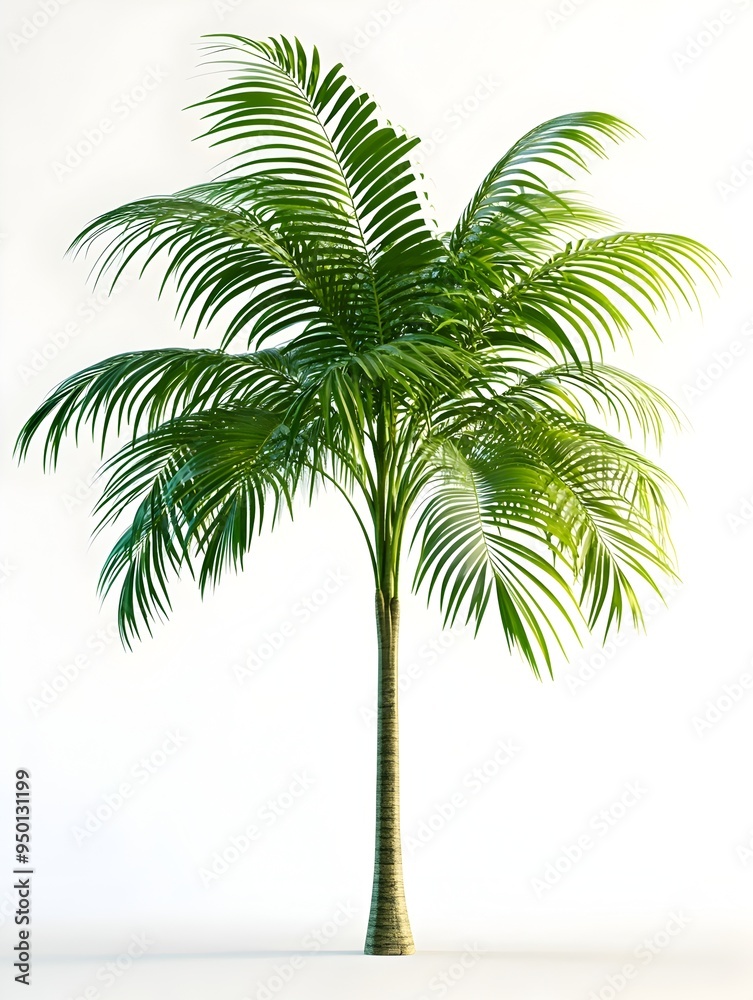 Obraz premium Lush Tropical Palm Tree with Vibrant Foliage Against Clean Minimalist White Background