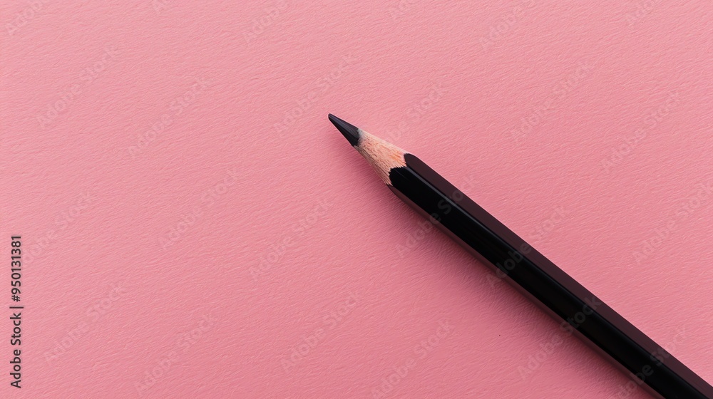 A black pencil on a pink surface. A black pencil on a pink surface.