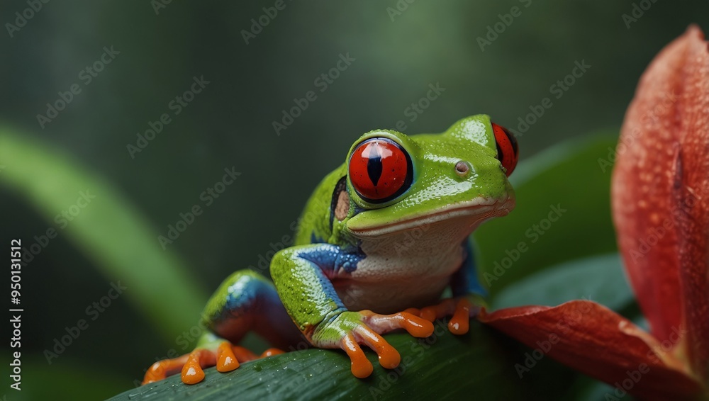 A vibrant red-eyed tree frog stands on a red rose, displaying its stunning colors and unique features in a natural environment. A vibrant red-eyed tree frog stands on a red rose, displaying its stunning colors and unique features in a natural environment.
