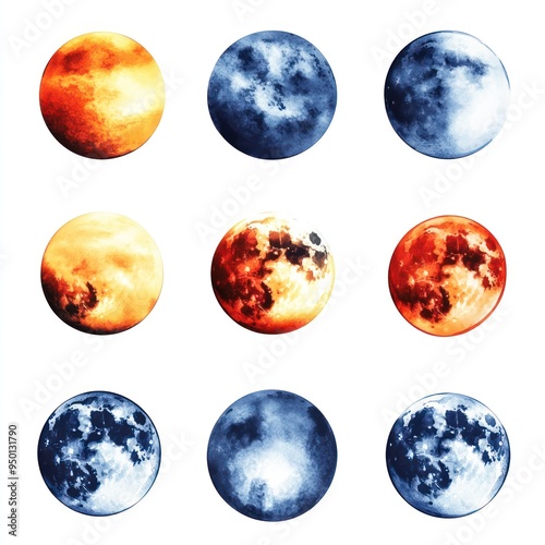 A set of moons in different phases, Halloween night scenes, watercolor style, colorful, isolated on white background