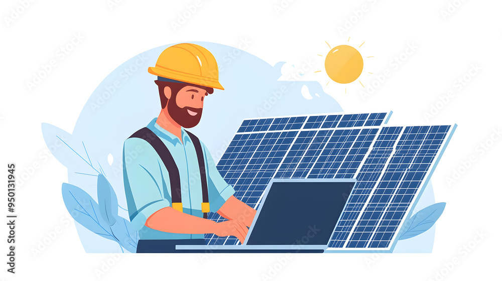 Engineer Analyzing Solar Energy System on Laptop in Renewable Power Plant Engineer Analyzing Solar Energy System on Laptop in Renewable Power Plant