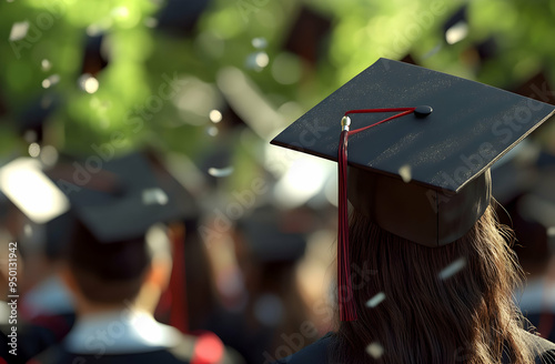 Graduates' caps in the air, viewed from behind during a university commencement,