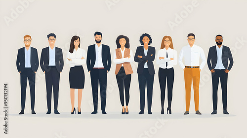 Group of diverse professionals standing together, representing various business styles in a modern flat illustration.