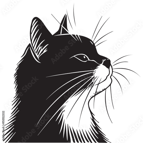 Hand-Drawn Cat Profile Vector Illustration in Black and White Engraved Woodcut Style