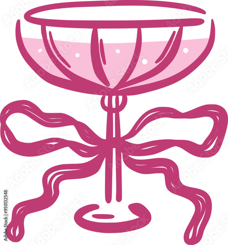 Cocktail or champagne glass with ribbon bow in whimsical hand-drawn style. Elegant and coquette isolated saucer. Alcoholic drink. Vector illustration