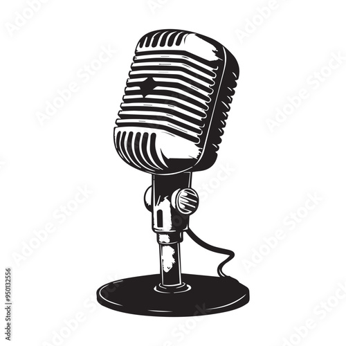 Hand-Drawn Vintage Microphone Vector Illustration in Black and White Engraved Style photo