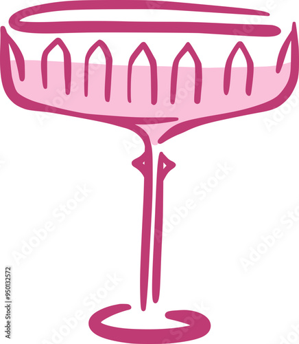Cocktail or champagne faceted glass in whimsical hand-drawn style. Elegant and coquette isolated saucer. Alcoholic drink. Vector illustration