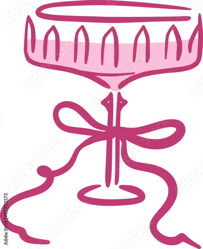 Cocktail or champagne faceted glass with ribbon bow in whimsical hand-drawn style. Elegant and coquette isolated saucer. Alcoholic drink. Vector illustration