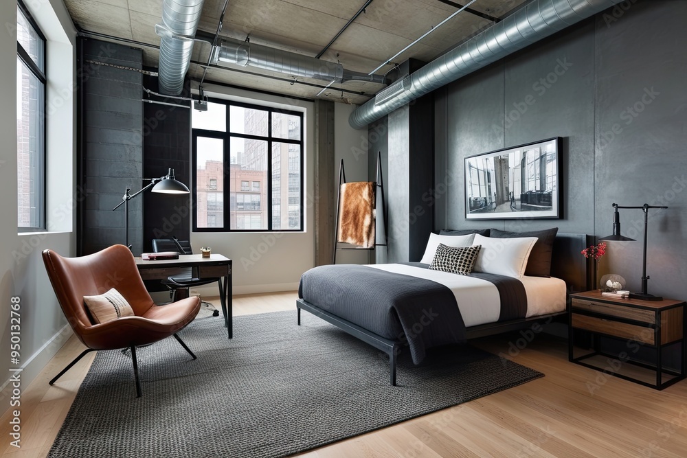 Fototapeta premium Industrial Urban Studio Interior Design with Edgy Chair and Contemporary Decor