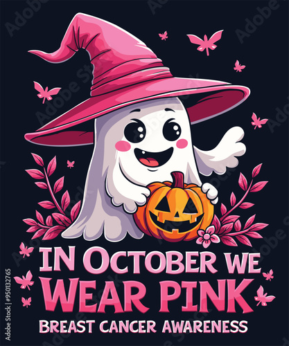 In October We Wear Pink Breast Cancer Awareness T-Shirt Design Illustration