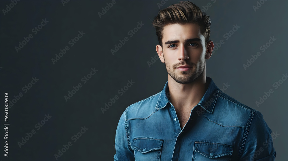 Fototapeta premium Handsome businessman in a denim shirt, showcasing confidence and style in a minimalist gray backdrop.