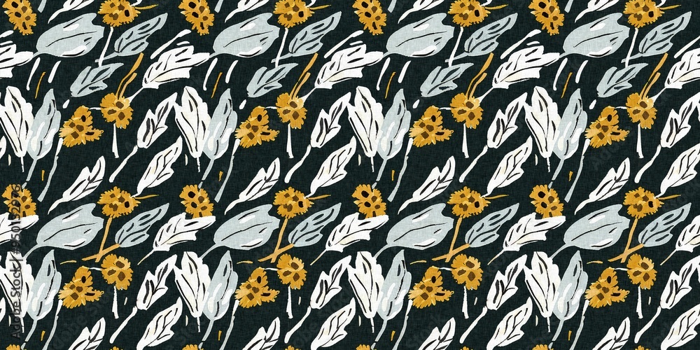 Modern printed fabric flower block print pattern with linen texture effect. Stylized boho dark floral for chic fashion background motif border design. Modern printed fabric flower block print pattern with linen texture effect. Stylized boho dark floral for chic fashion background motif border design.