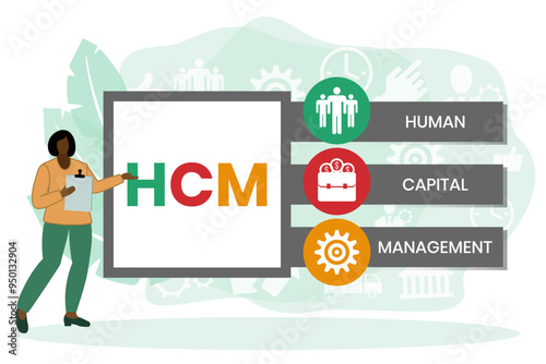 HCM - Human Capital Management acronym. business concept background. Vector illustration for website banner, marketing materials, business presentation, online advertising