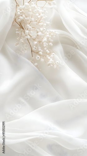 Luxurious Satin and Silk Ribbons with Cascading Foliage and Shimmering Pearls on Pristine White Backdrop