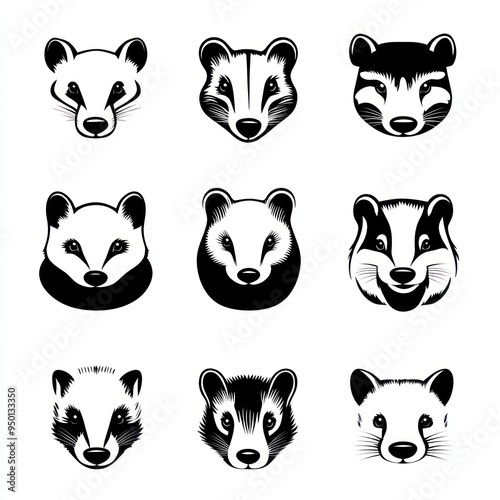 Gambar sembilan wajah hewan, termasuk musang dan beruang, dalam gaya grafis hitam-putih. photo