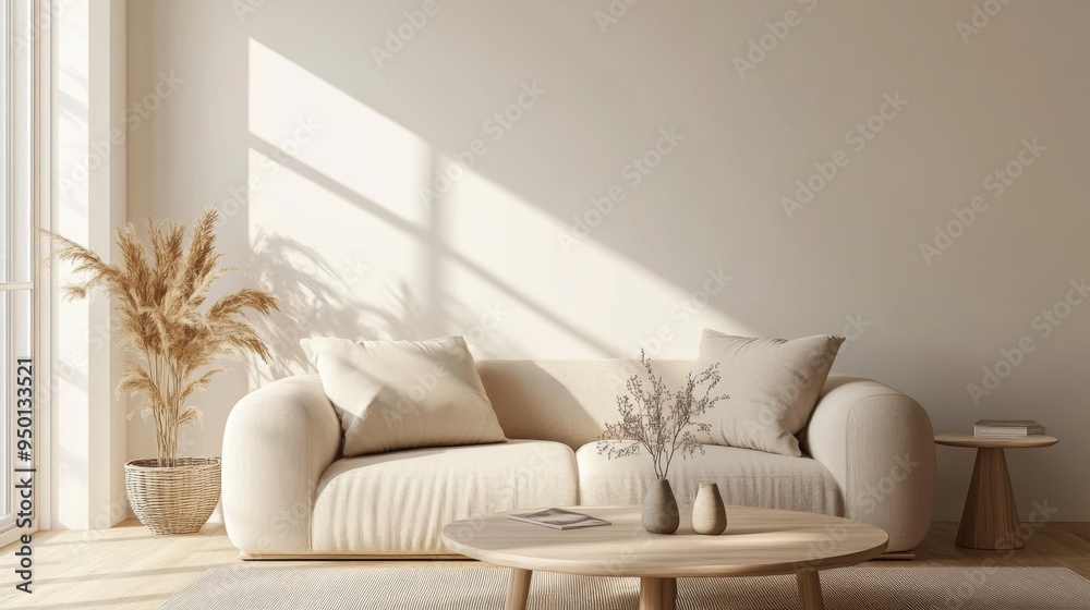 Naklejka premium A cozy minimalist living room with a neutral sofa, a simple coffee table, and a few carefully chosen decorative accents, set in a light-filled space.